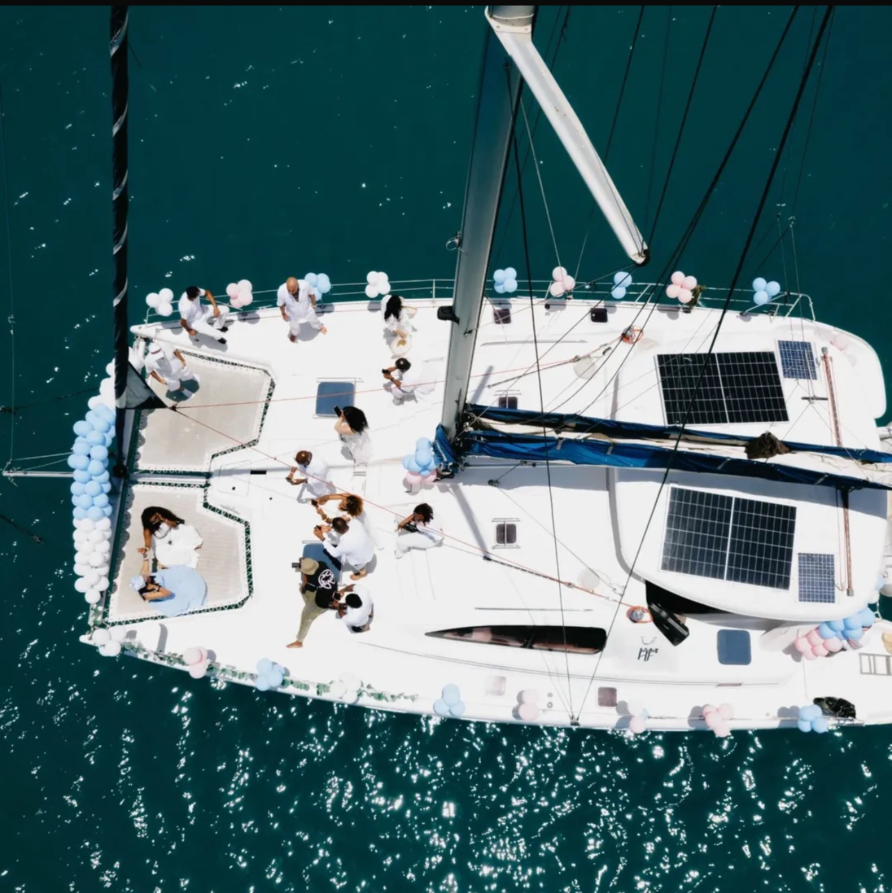 Overhead view of the luxury yacht deck set up for a party in Zanzibar