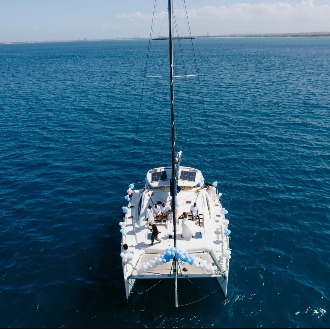 Yacht bow decorated with balloons for a celebration