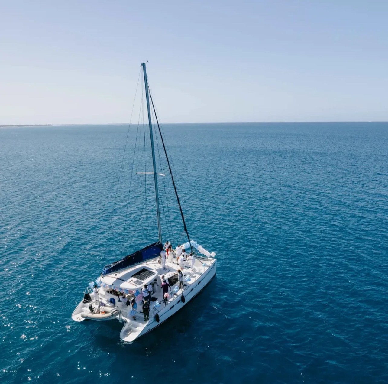 Aerial view of the luxury yacht sailing off Zanzibar